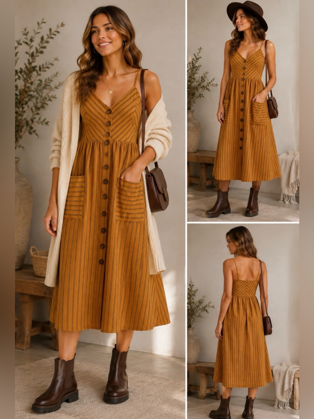JAPNA Mustard Striped Maxi Dress – Button Front – Size XS